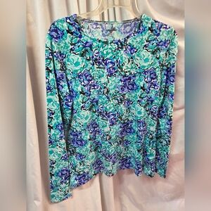 Lands' End Women's Teal and Purple Patterned Long Sleeve Top